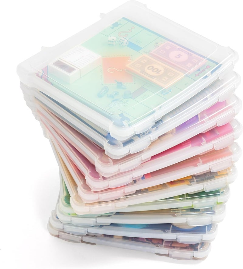 IrisUSA Board Game Storage Craft Organizer Box with Snap-Tight Latch Lid, 10-Pack Portable Plastic Case Bin for Puzzles, Magazines, Hobbies, Art Supplies, Fits 8.5" x 11" & A4 Papers, Slim, Clear - Image 1